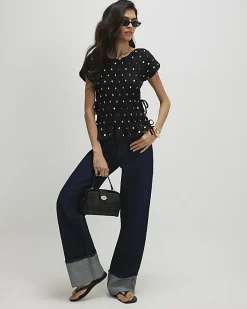 Black Short Sleeve Shirred Polka Dot Top