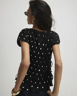 Black Short Sleeve Shirred Polka Dot Top