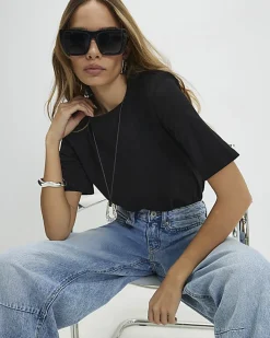 Black Short Sleeve Shoulder Pad Bodysuit