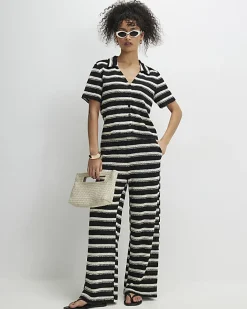 Black Short Sleeve Striped Crochet Shirt