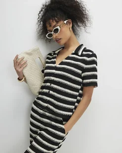Black Short Sleeve Striped Crochet Shirt