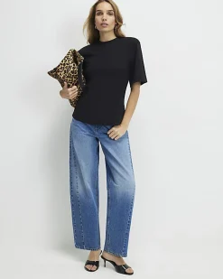 Black Short Sleeve Tie Back Seamed Top