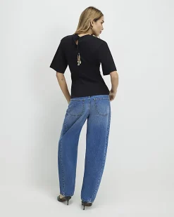 Black Short Sleeve Tie Back Seamed Top