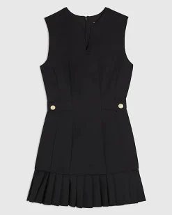 Black Sleeveless Pleated Hem Tab Mini Dress
