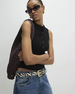 Black Sleeveless Ribbed Popper Top