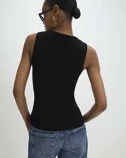 Black Sleeveless Ribbed Popper Top