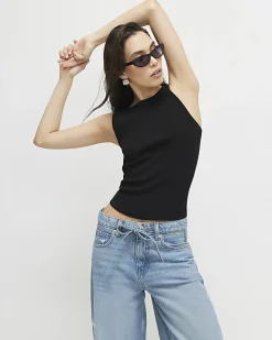 Black Sleeveless Ribbed Tank Top