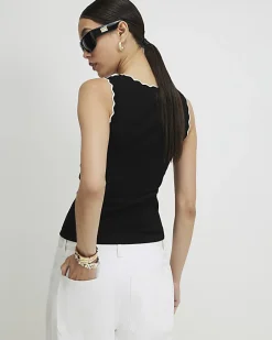 Black Sleeveless Scallop Trim Tank Top