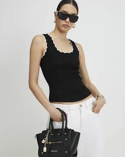 Black Sleeveless Scallop Trim Tank Top