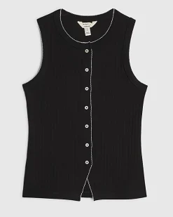 Black Sleeveless Scallop Trim Ribbed Top