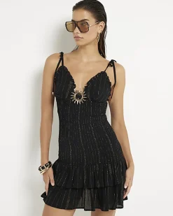 Black Sleeveless Shirred Mini Beach Dress