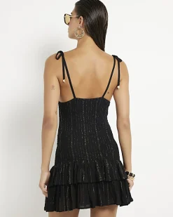 Black Sleeveless Shirred Mini Beach Dress