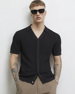 Black Slim Fit Open Neck Knitted Shirt