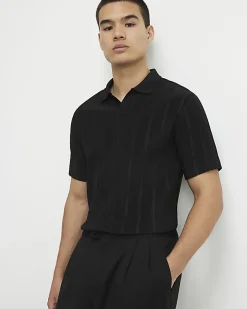 Black Slim Fit Open Neck Polo Shirt