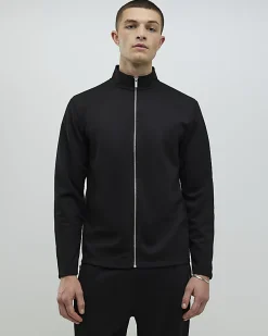 Black Slim Fit Pique Zip Funnel Sweatshirt