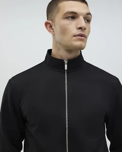 Black Slim Fit Pique Zip Funnel Sweatshirt