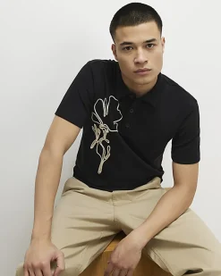 Black Slim Fit Rope Floral Polo Shirt
