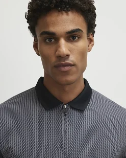 Black Slim Fit Zip Neck Jacquard Polo Shirt