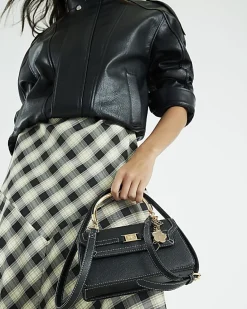 Black Small Metal Handle Charm Tote Bag