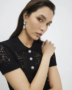 Black Stitched Knit Polo Top