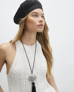 Black Straw Beret Hat