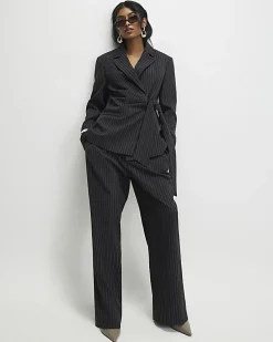 Black Stripe Tie Waist Blazer