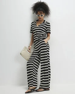 Black Striped Crochet Wide Leg Trousers