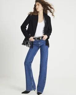 Black Suede Collarless Tassel Blazer