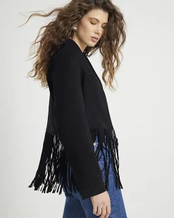 Black Suede Collarless Tassel Blazer