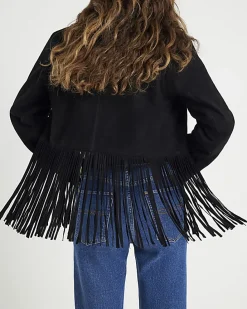 Black Suede Collarless Tassel Blazer