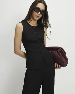 Black Textured Button Through Sleeveless Top