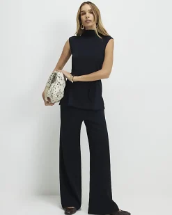 Black Textured Wide Leg Trousers