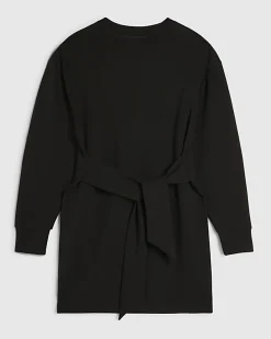 Black Tie Front Mini Sweatshirt Dress