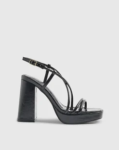 Black Triple Strap Platform Heeled Sandals