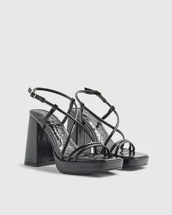 Black Triple Strap Platform Heeled Sandals