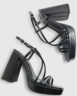 Black Triple Strap Platform Heeled Sandals