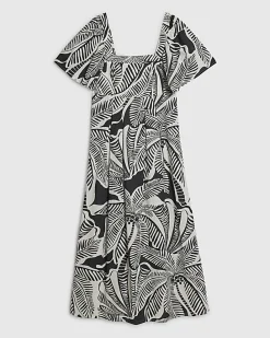 Black Tropical Leaf Shirred Midi Dress