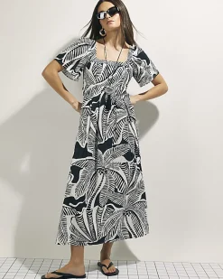 Black Tropical Leaf Shirred Midi Dress