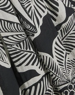 Black Tropical Leaf Shirred Midi Dress