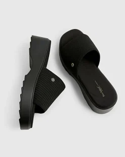 Black Wide Fit Knitted Mule Flatform Sandals