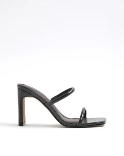 Black Wide Fit Strap Mule Heeled Sandals