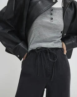 Black Wide Leg Pyjama Style Drawstring Jeans