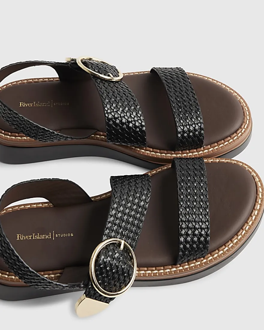 Black Woven Buckle Flatform Sandals