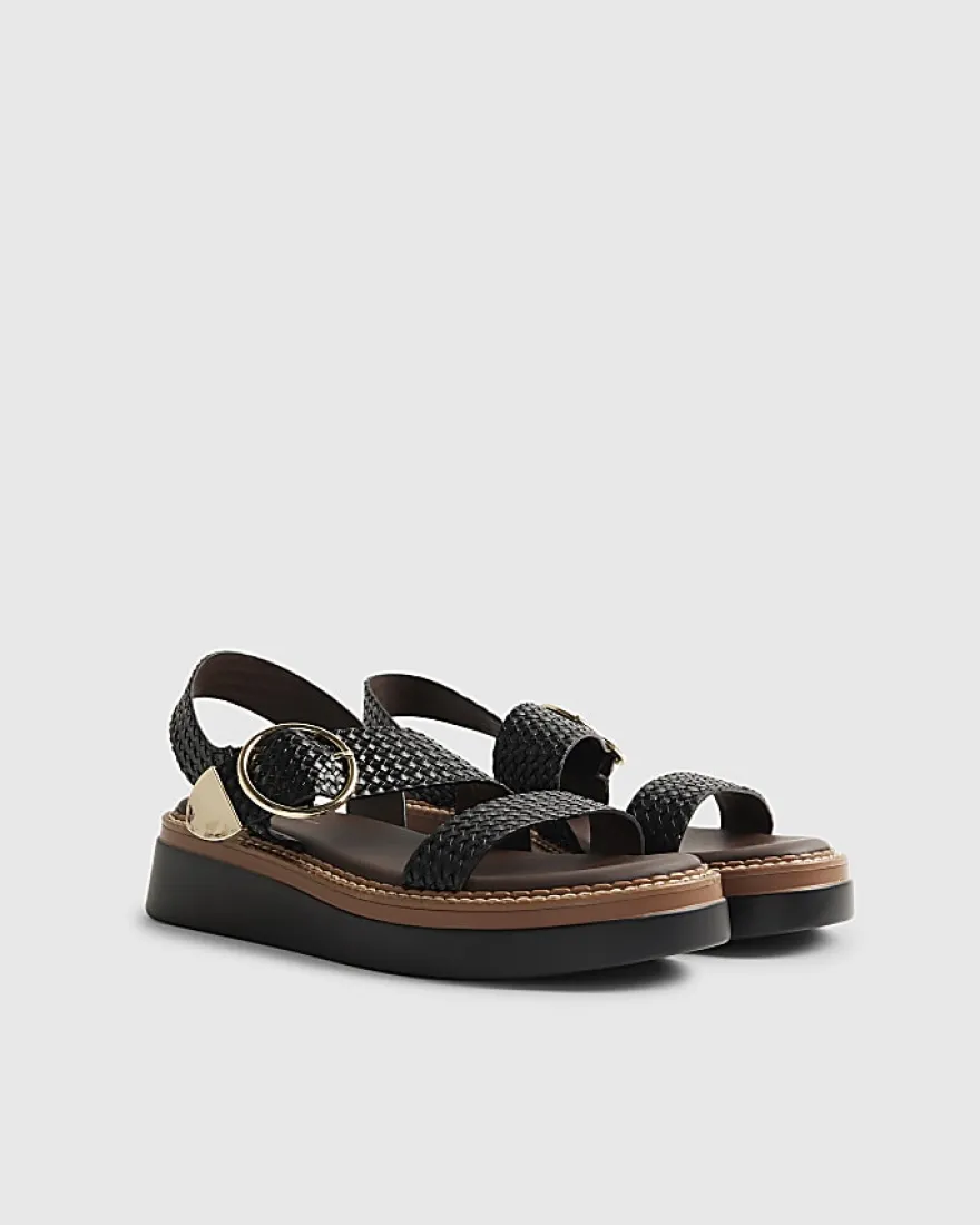 Black Woven Buckle Flatform Sandals