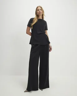 Black Woven Cupro Straight Leg Trousers