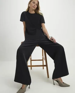 Black Woven Cupro Straight Leg Trousers