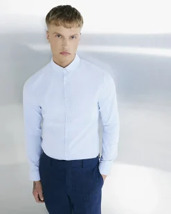 Blue Textured Muscle Fit Long Sleeve Shirt