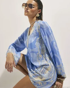 Blue Abstract Palm Print Beach Tunic