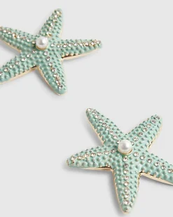 Blue Beaded Starfish Stud Earrings