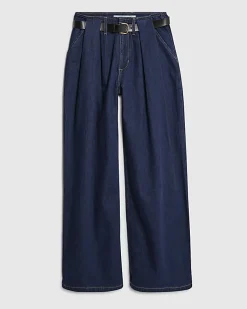 Blue Belted Pleated Wide Leg Jeans